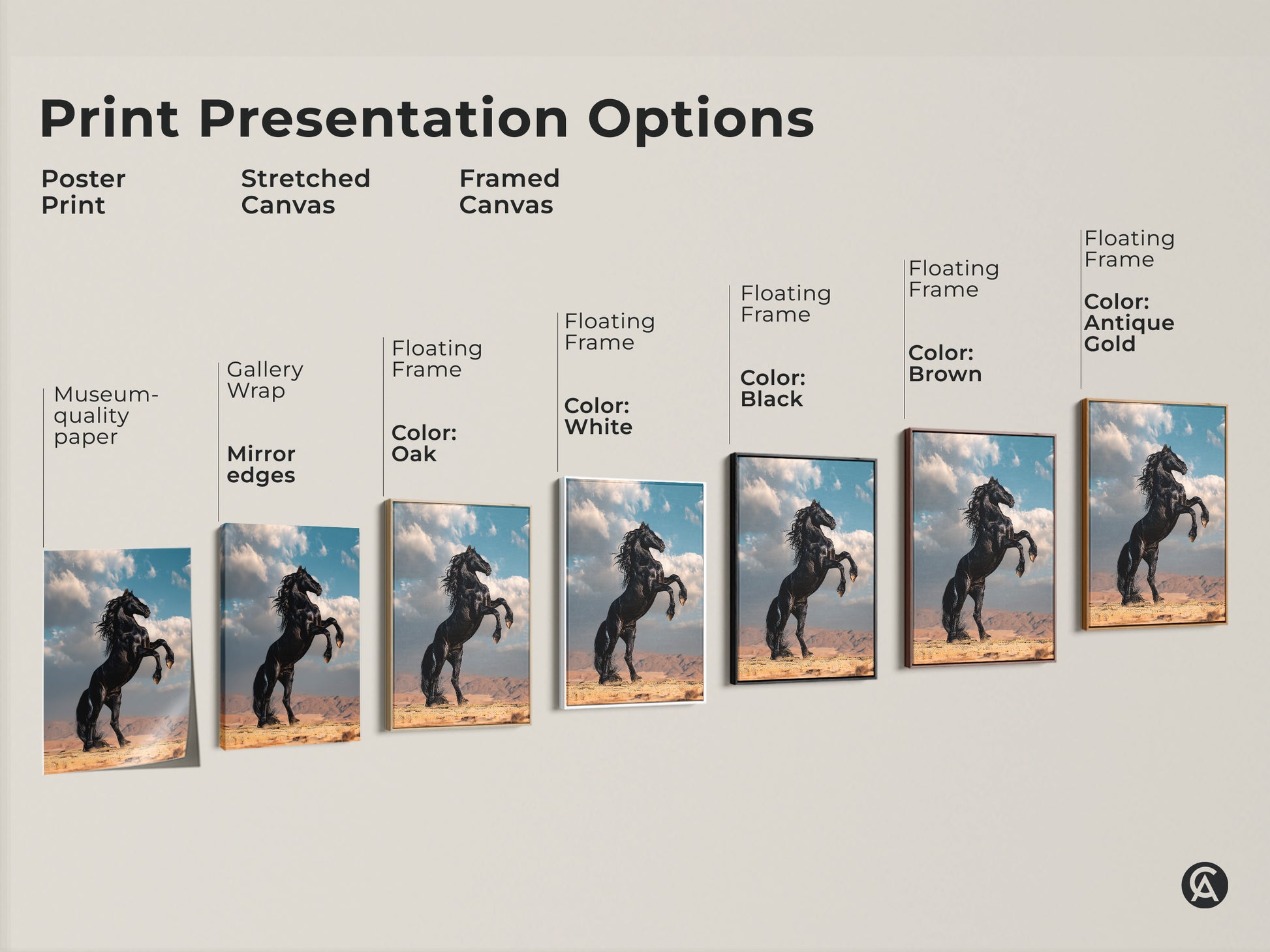 Explore print options for realistic black horse artwork. Choose from poster prints to stretched or framed canvas. Find the perfect style. Enhance your space with equestrian art.