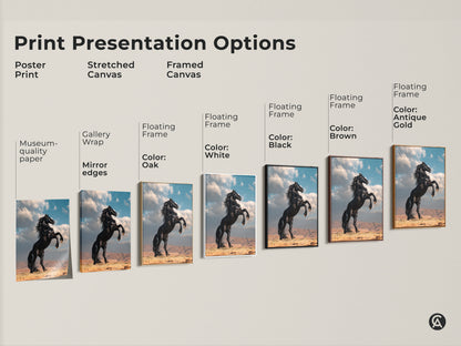 Explore print options for realistic black horse artwork. Choose from poster prints to stretched or framed canvas. Find the perfect style. Enhance your space with equestrian art.
