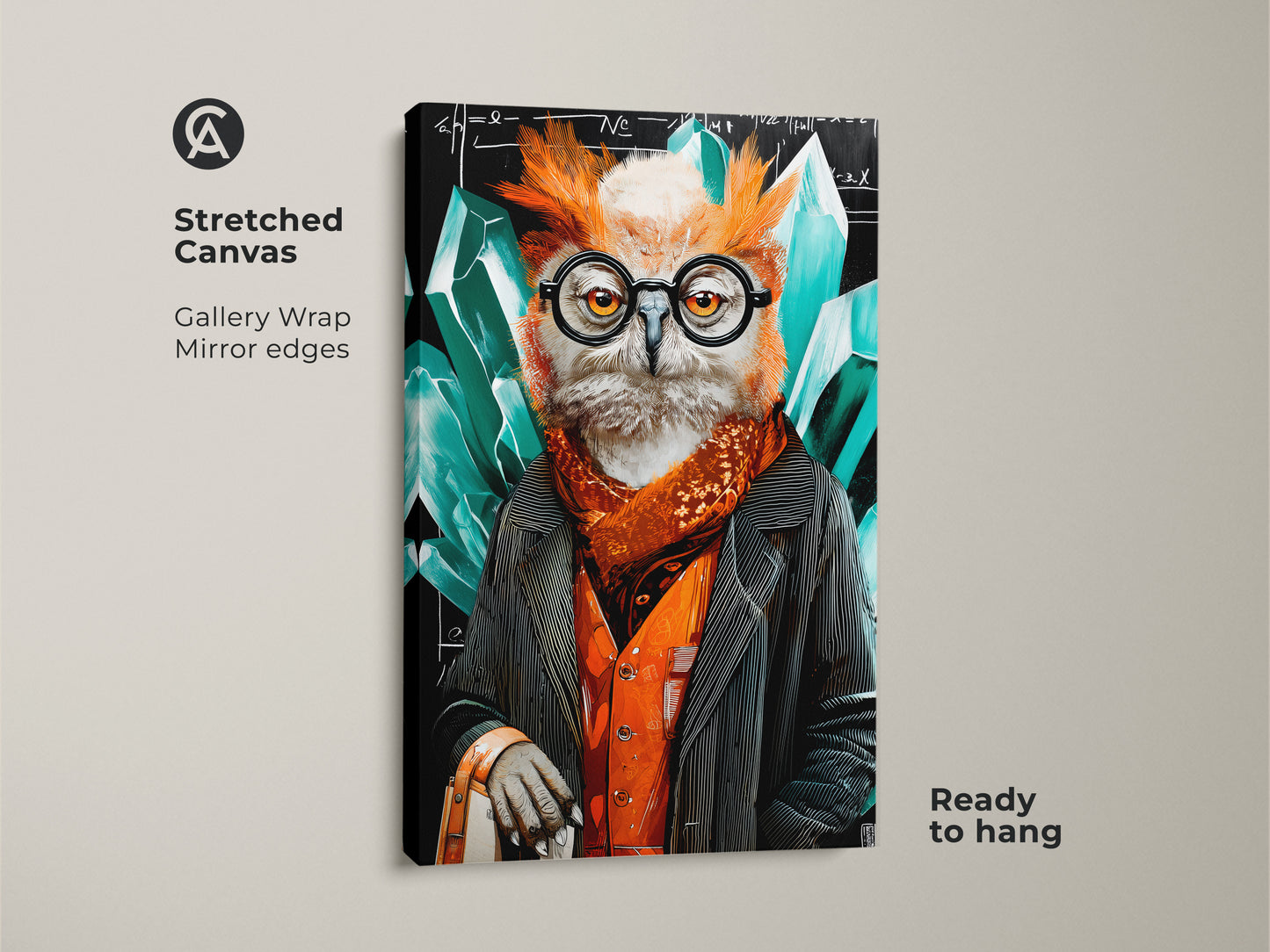 A stretched canvas of surrealist owl art ready to hang. The wise owl canvas print features crystal abstract elements. This is ideal professor artwork for academic office decor. The emerald green owl pops against an orange and black backdrop. Showcase animal wisdom with this print. It’s creative study art for unique intellectual appeal.