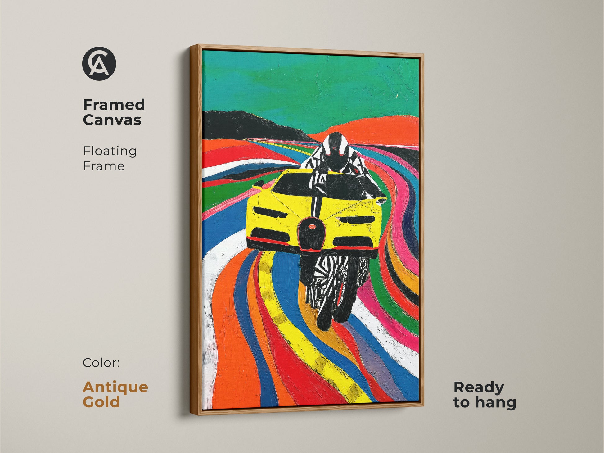 This framed canvas displays a Yellow race car Pop Art. The antique gold floating frame adds elegance. Ready to hang this automotive art is ideal for any room. Its vibrant colors and abstract art create a focal point. The contemporary artwork will enhance any office or living room decor. It makes a great gift for car enthusiasts.