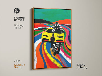 This framed canvas displays a Yellow race car Pop Art. The antique gold floating frame adds elegance. Ready to hang this automotive art is ideal for any room. Its vibrant colors and abstract art create a focal point. The contemporary artwork will enhance any office or living room decor. It makes a great gift for car enthusiasts.