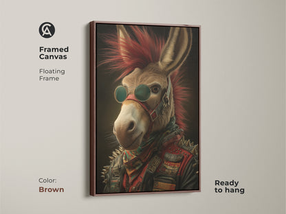 Framed punk rock donkey wall art with a brown floating frame. This retro animal art features a red mohawk & leather jacket. Add an edgy animal portrait to your music room decor. A unique gift for music lovers.