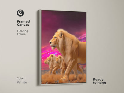 Framed Canvas presents Lion Pride artwork. The white floating frame provides a clean modern look. Ready to hang this wildlife animal print captures a fantasy savanna landscape. Ideal for adding a touch of elegance to any room