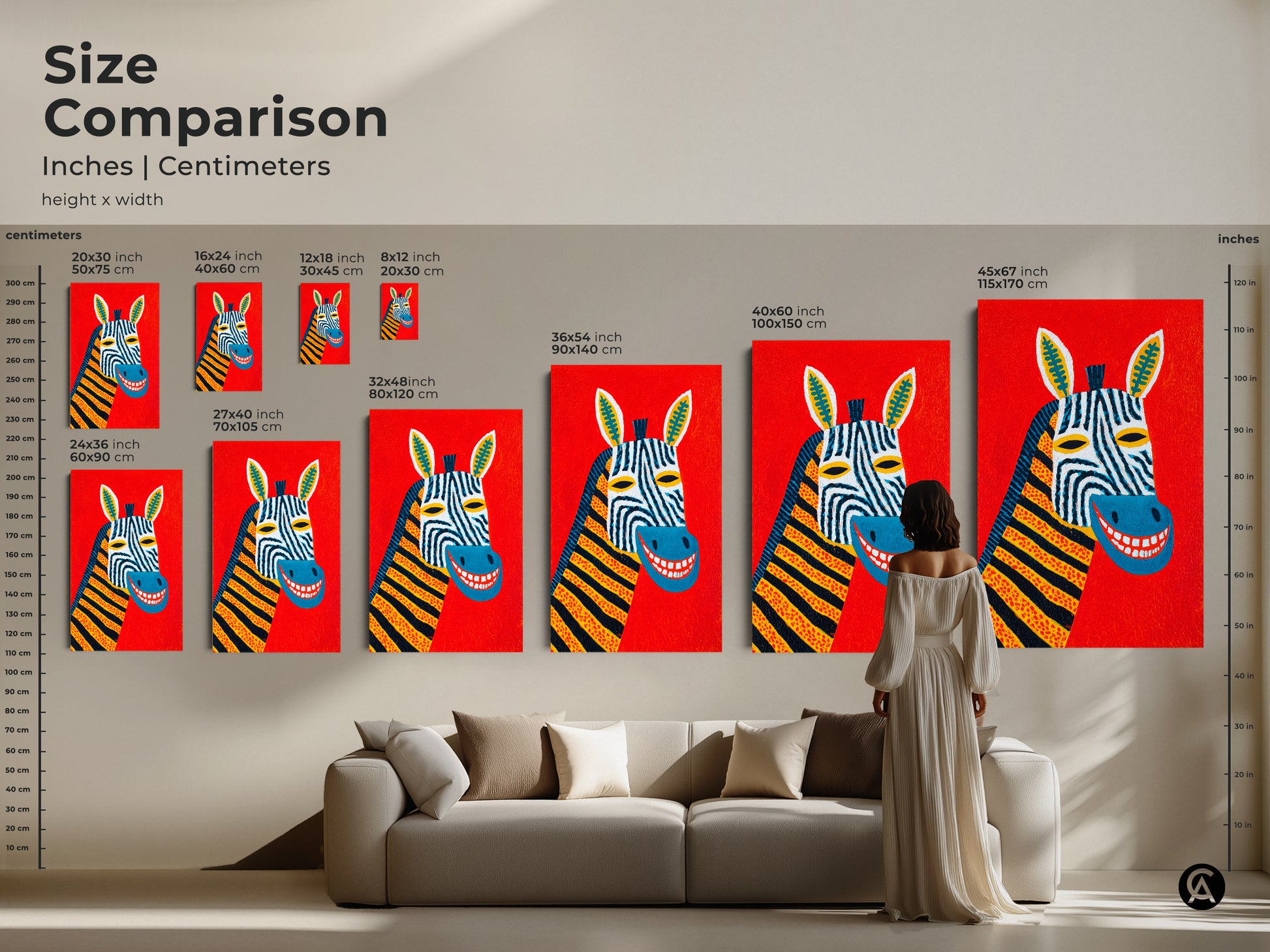 Compare sizes of zebra artwork. See how it enhances your living room. Folk art abstract art adds color. Choose the best canvas or poster. Find the perfect fit. Brighten any space with this wildlife artwork.