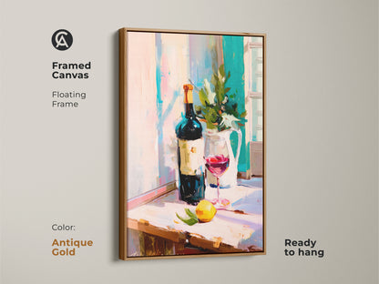 A framed canvas displays impressionist wine art in an antique gold floating frame. The red wine glass print is ready to hang. This kitchen wall art decor features a contemporary still life of a painterly wine bottle. The artwork serves as a thoughtful housewarming gift art. It elevates bar area wall hangings with its artistic wine scene.
