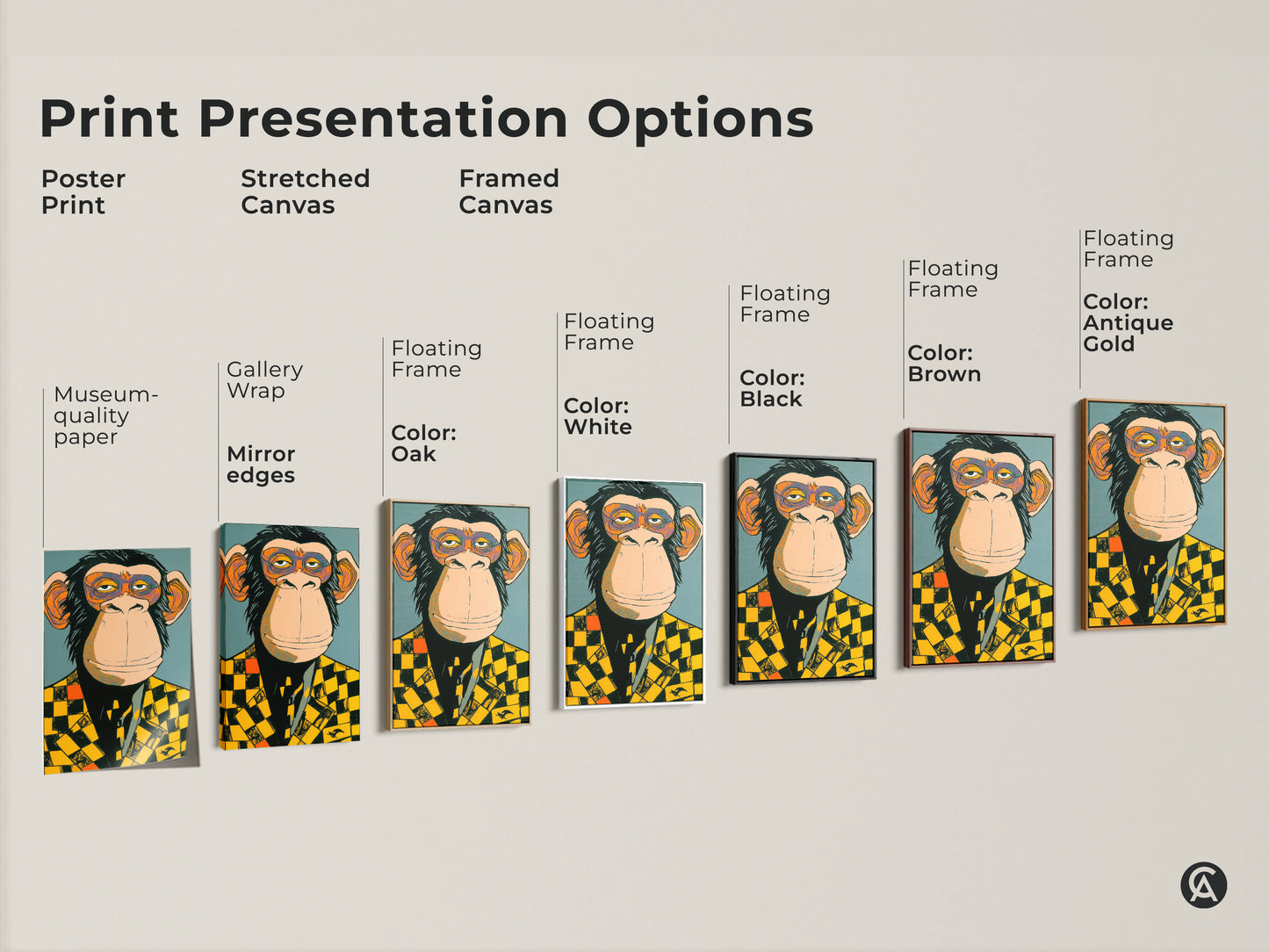 Explore our print presentation options featuring a monkey in a checker blazer. Choose from poster prints stretched canvases and framed canvases. Each format enhances the art's unique character. Find the perfect style to complement your home decor with this versatile artwork.
