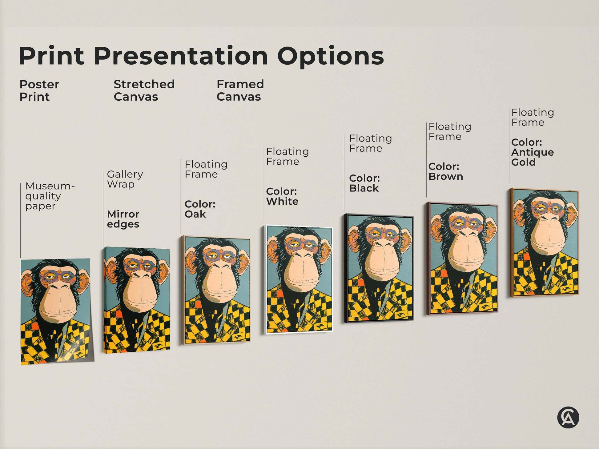 Explore our print presentation options featuring a monkey in a checker blazer. Choose from poster prints stretched canvases and framed canvases. Each format enhances the art's unique character. Find the perfect style to complement your home decor with this versatile artwork.