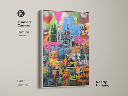 Framed canvas of a graffiti cityscape in a white floating frame. This urban street art print is ready to hang. The abstract pink yellow blue art makes it eclectic wall decor for a living room. It is modern graffiti artwork.