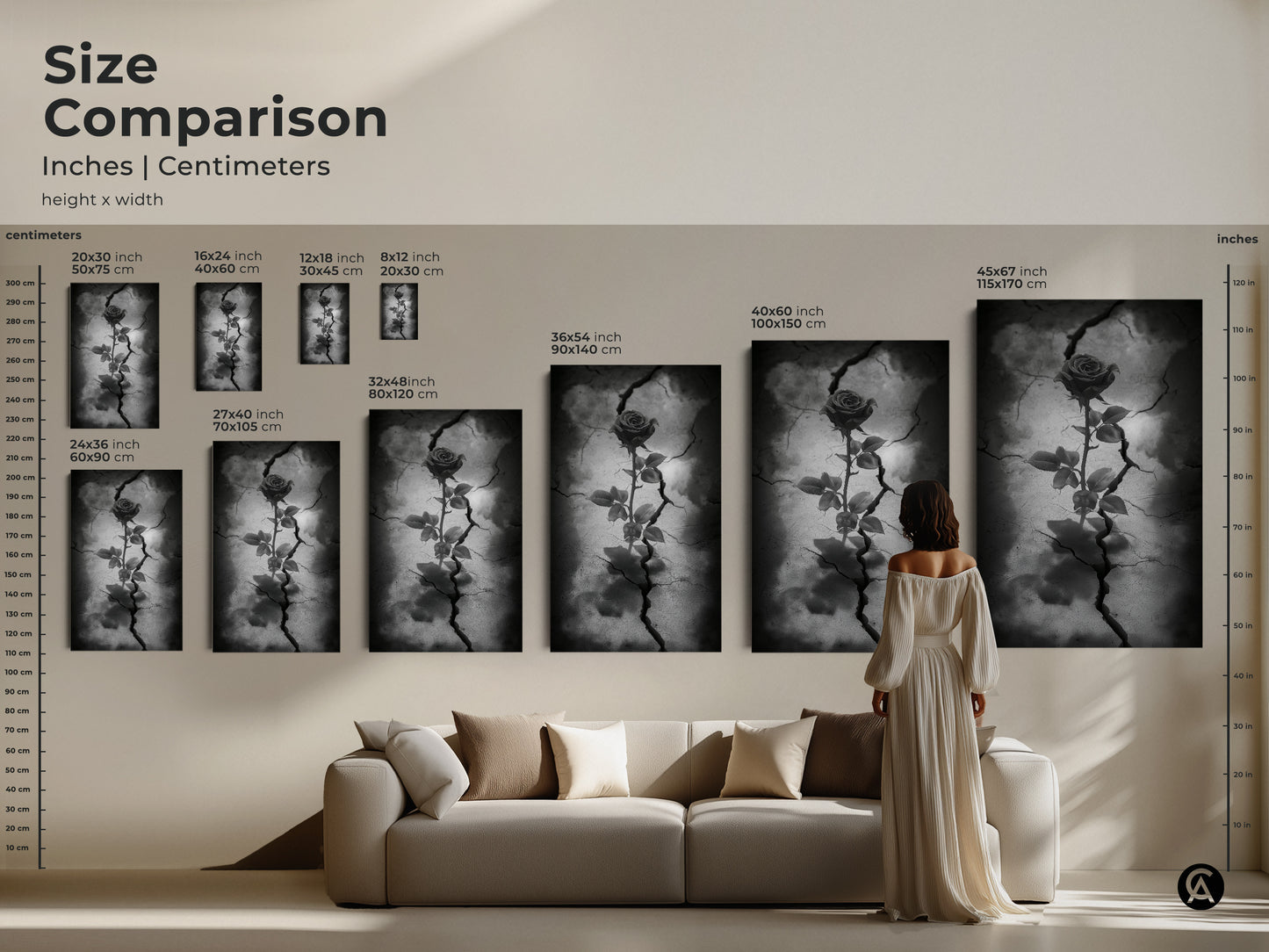 Size comparison of gothic rose artwork in various dimensions. The image illustrates how dark floral artwork fits above a sofa. See canvas and poster prints in sizes from small to large. This black white and gray decor adds an eclectic touch to any space. Perfect for home residential art.