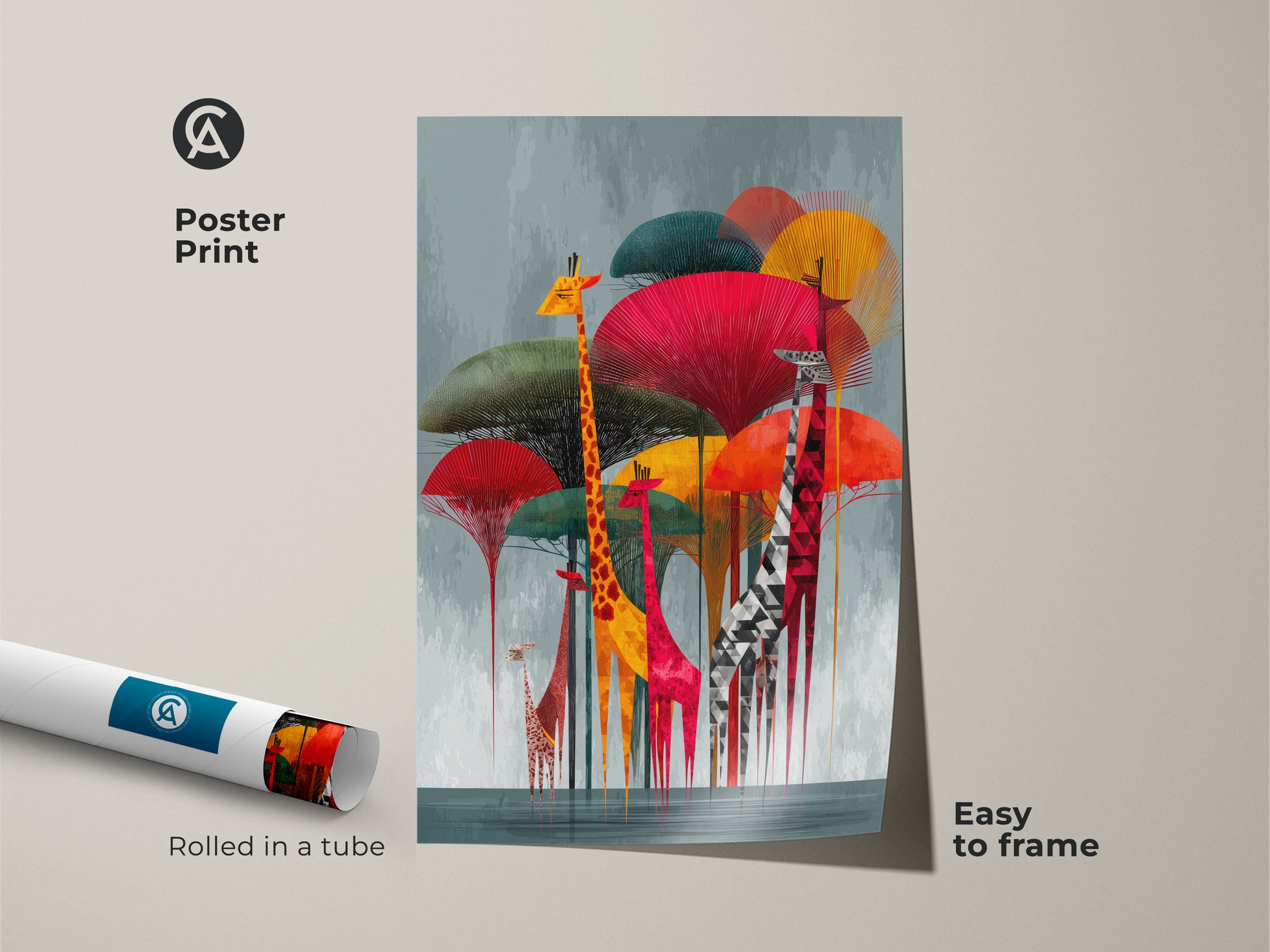 Poster print version of the Geometric Giraffe artwork. The modern folk art print features a colorful safari on canvas. This abstract animal print is easy to frame and arrives rolled in a tube. Ideal housewarming gift idea for eclectic home decor. A unique animal wall decor.