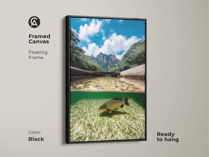This framed canvas art shows a carp underwater with mountains above. The realistic wildlife artwork has a floating black frame. This modern nature artwork is ready to hang adding a serene landscape decor to any living space. It's an ideal gift for him nature.