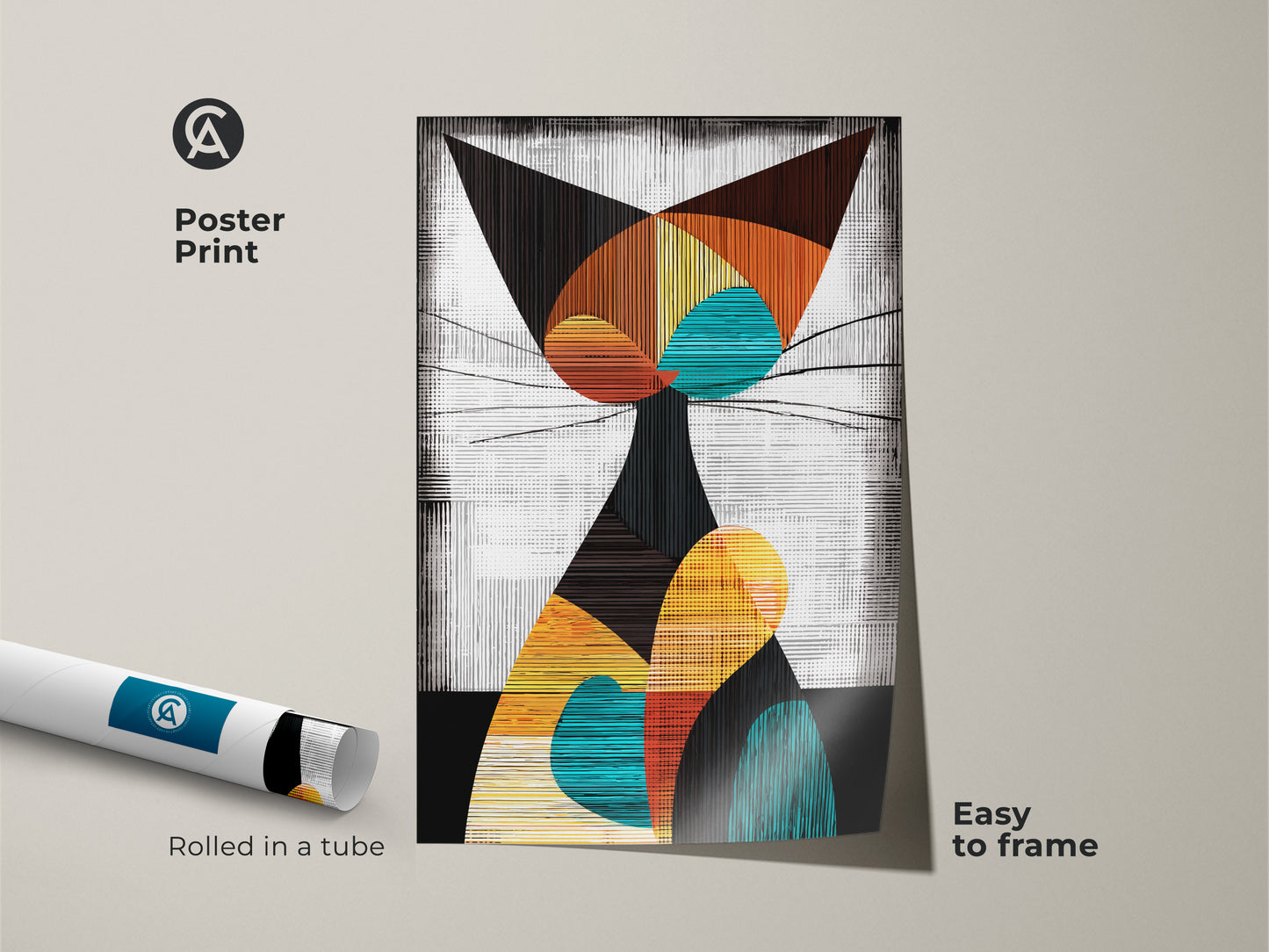 Poster print featuring abstract geometric cat art. The retro animal artwork is rolled in a tube for easy framing. A unique cat lover gift idea for bedroom wall decor or home office.