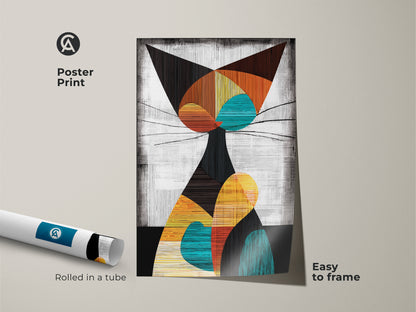 Poster print featuring abstract geometric cat art. The retro animal artwork is rolled in a tube for easy framing. A unique cat lover gift idea for bedroom wall decor or home office.