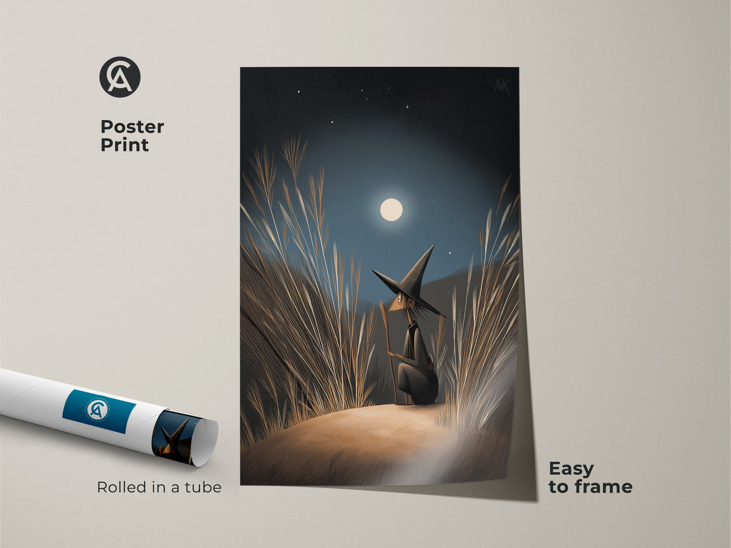Poster Print of fantasy wall art is rolled in a tube. This boho bedroom decor is easy to frame. Navy Blue Gold Moonlight Canvas. It shows a witch gazing at the moonlight. Perfect Halloween Occasion Gift for her.