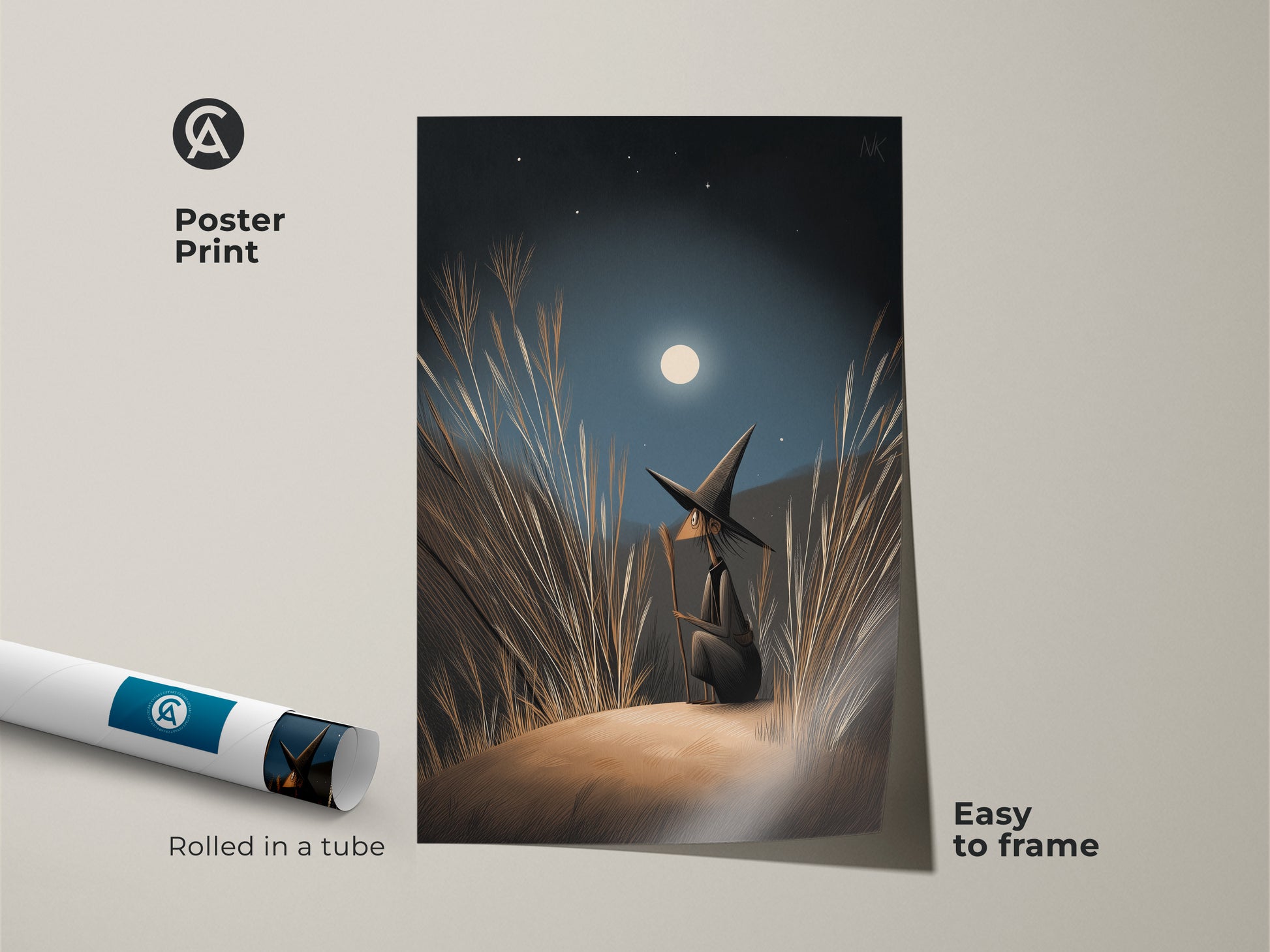 Poster Print of fantasy wall art is rolled in a tube. This boho bedroom decor is easy to frame. Navy Blue Gold Moonlight Canvas. It shows a witch gazing at the moonlight. Perfect Halloween Occasion Gift for her.