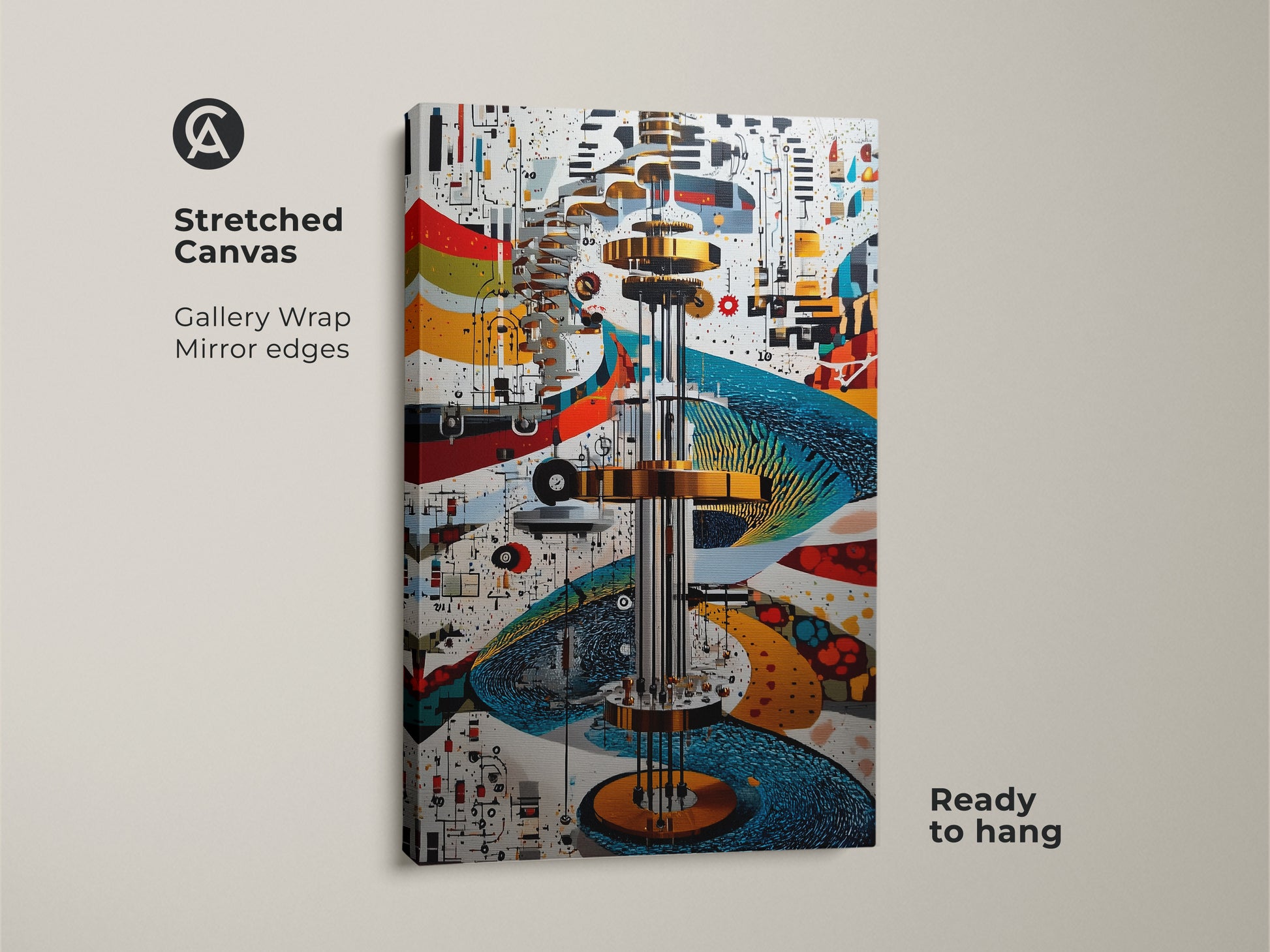 Stretched Canvas featuring Mechanical Abstract artwork. Gallery wrapped with mirror edges it's ready to hang. This futuristic gold blue and red gears & circuits art print is perfect for a tech office.