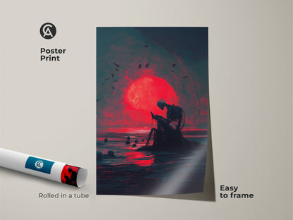 Poster print of a skeleton sitting by the ocean during a blood moon. This museum-quality paper ensures vibrant colors. The poster is easy to frame. Rolled in a tube for protection. Great for adding a unique touch to your decor. Shop now for this captivating art print.