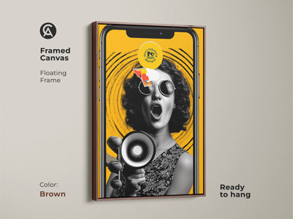 Framed canvas featuring a retro pop artwork of a woman with a megaphone against a vibrant yellow background. The floating frame comes in brown. This activist art is a great statement piece for the office or home. Ready to hang for easy display.
