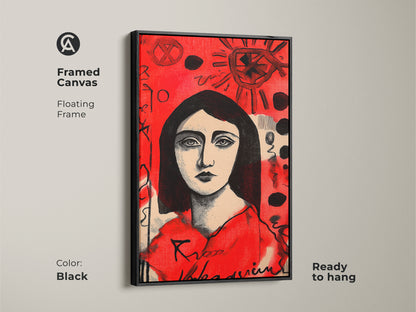 This framed canvas features a portrait of a woman. The red background and symbolic art elements create a striking piece. The floating frame is black and ready to hang. Elevate your art collection today