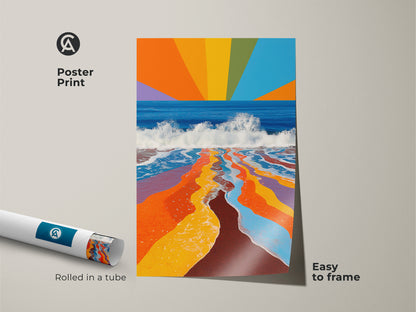 A poster print features a colorful abstract ocean art. Rainbow waves flow in a geometric style. This vibrant beach print is easy to frame. It's rolled in a tube for convenient delivery and care.