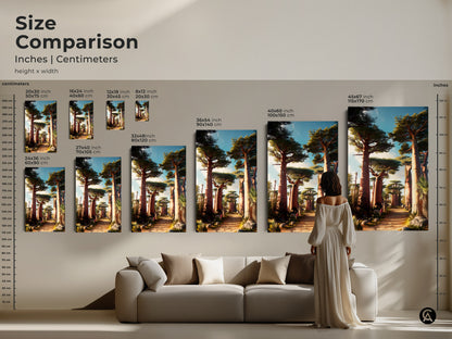 Size comparison of boho baobab tree art prints in inches and centimeters. View canvas and poster options. Sizes range from small to large scale. Visualize earthy tones African savanna landscape art. Find the perfect fit for your home decor.