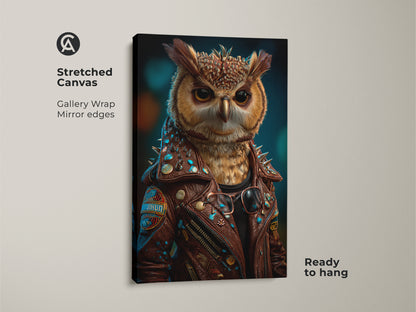 Stretched canvas of a surreal owl in a biker jacket ready to hang. This animal character wall art has gallery wrapped mirror edges. The brown orange and teal color palette makes it an eclectic piece. It would be a unique gift for animal lovers or for men's office decor. This fantasy owl artwork is quirky wall hanging.