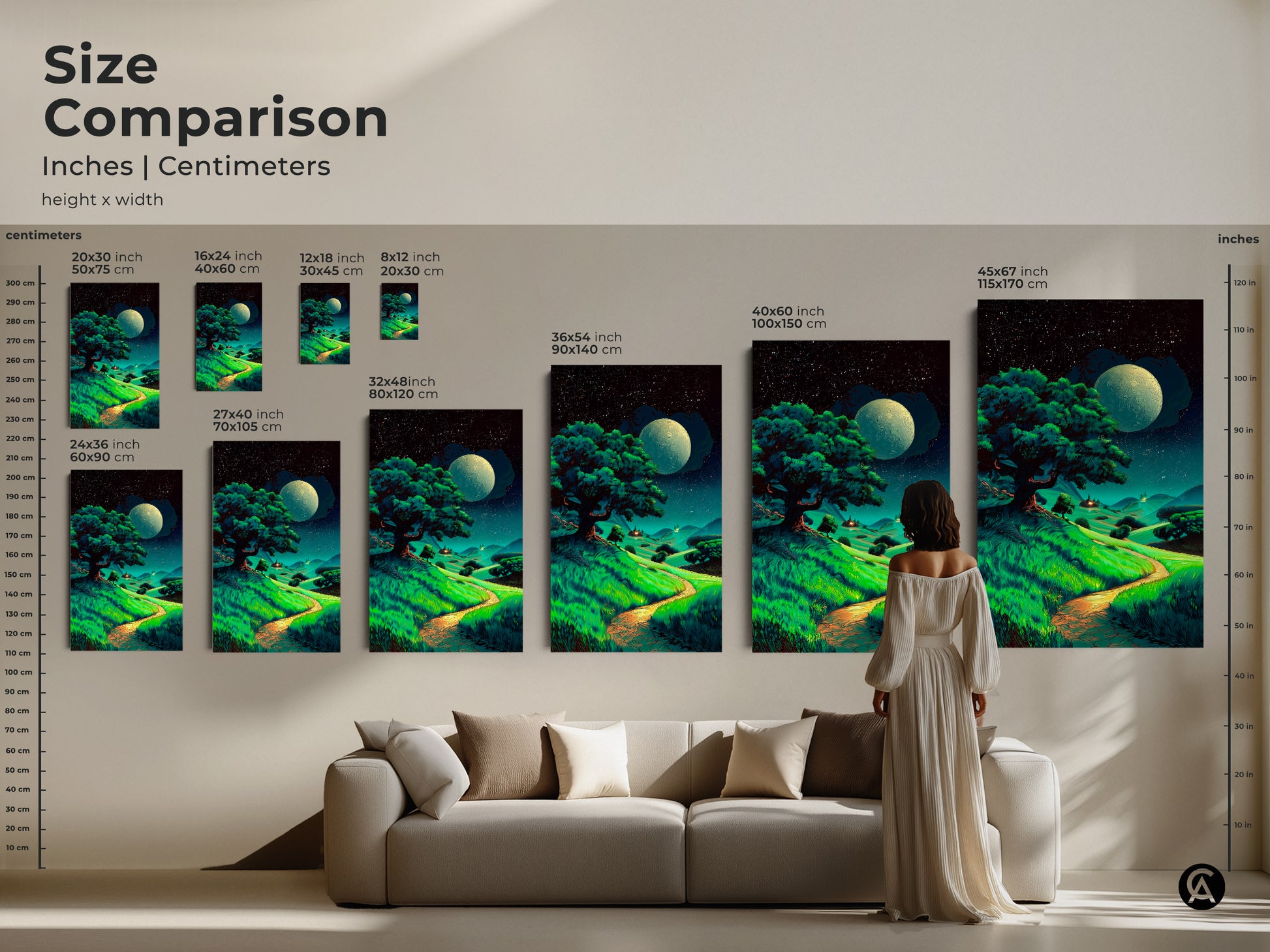 Size comparison of moonlit tree artwork inches centimeters. View various sizes of canvas prints. Fantasy nature wall decor available here to fit your space perfectly.