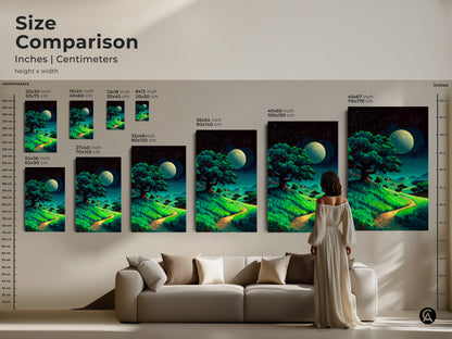 Size comparison of moonlit tree artwork inches centimeters. View various sizes of canvas prints. Fantasy nature wall decor available here to fit your space perfectly.