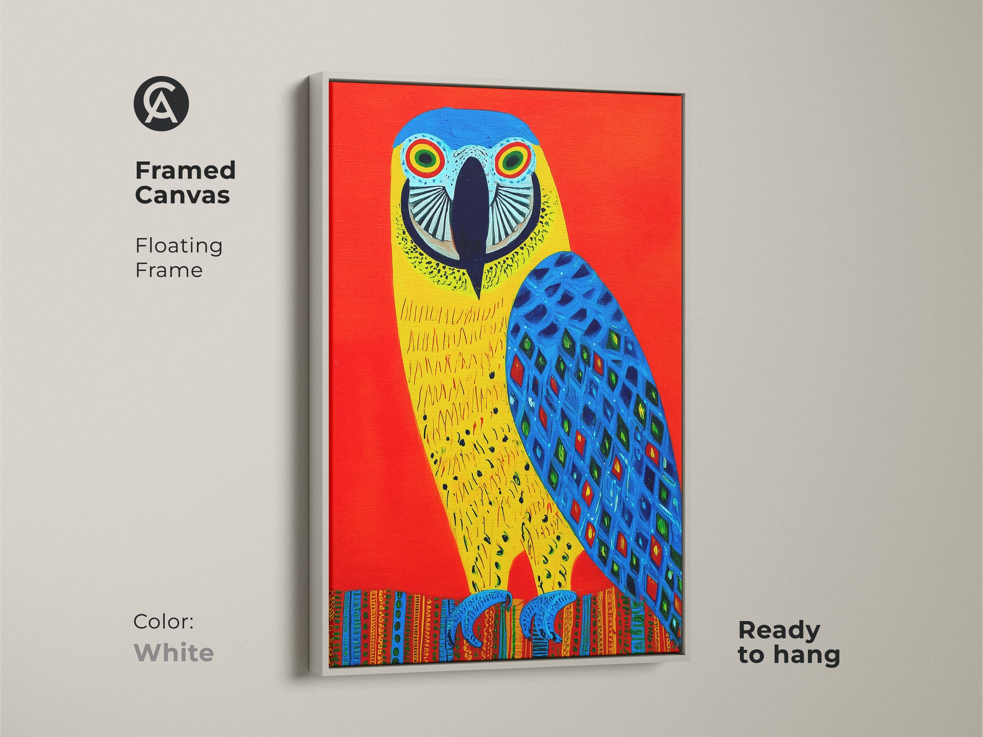 Framed canvas of a folk art macaw in a white floating frame. The colorful tropical bird artwork adds a fresh touch to any room. Ready to hang this piece is an ideal eclectic decor.