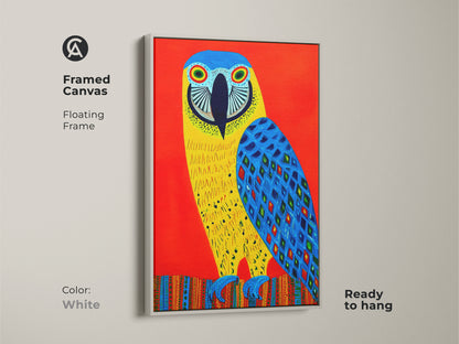 Framed canvas of a folk art macaw in a white floating frame. The colorful tropical bird artwork adds a fresh touch to any room. Ready to hang this piece is an ideal eclectic decor.