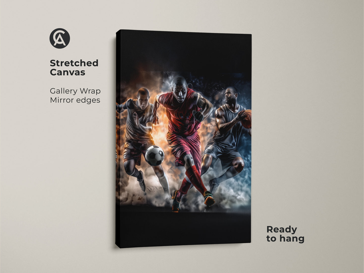 Stretched canvas wall art showcasing soccer football and basketball players. Gallery wrapped with mirrored edges. This piece adds sports energy to any room. Ready to hang art.