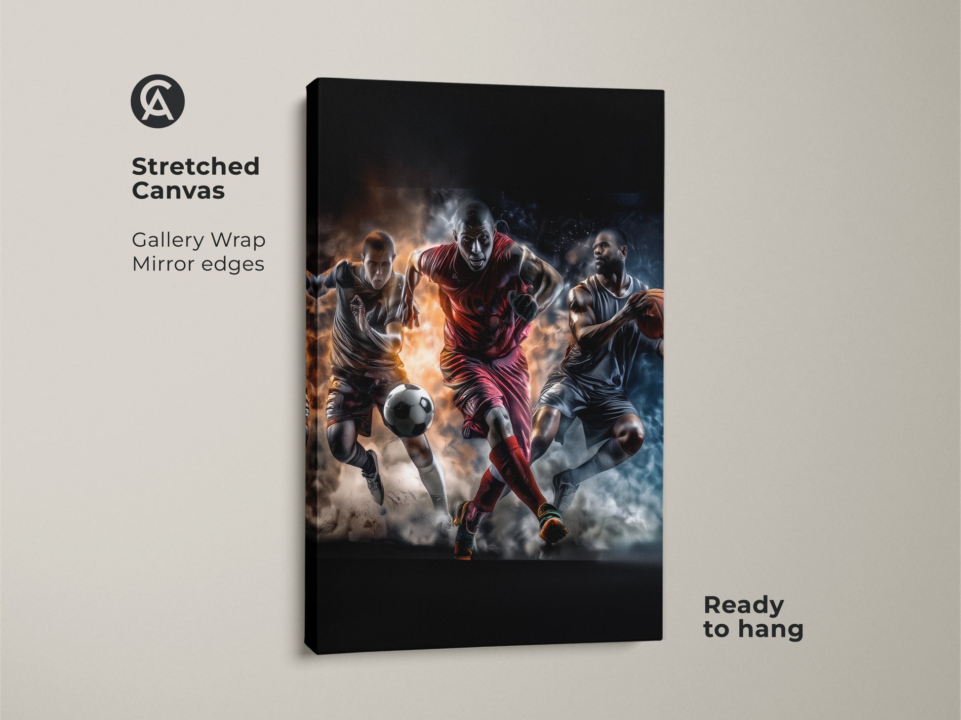 Stretched canvas wall art showcasing soccer football and basketball players. Gallery wrapped with mirrored edges. This piece adds sports energy to any room. Ready to hang art.