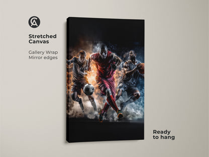 Stretched canvas wall art showcasing soccer football and basketball players. Gallery wrapped with mirrored edges. This piece adds sports energy to any room. Ready to hang art.