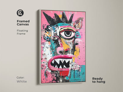 Framed canvas art print of a fun monster face. The white floating frame offers a clean modern look. This ready-to-hang artwork complements any room. A great choice for adding personality to your home gallery.