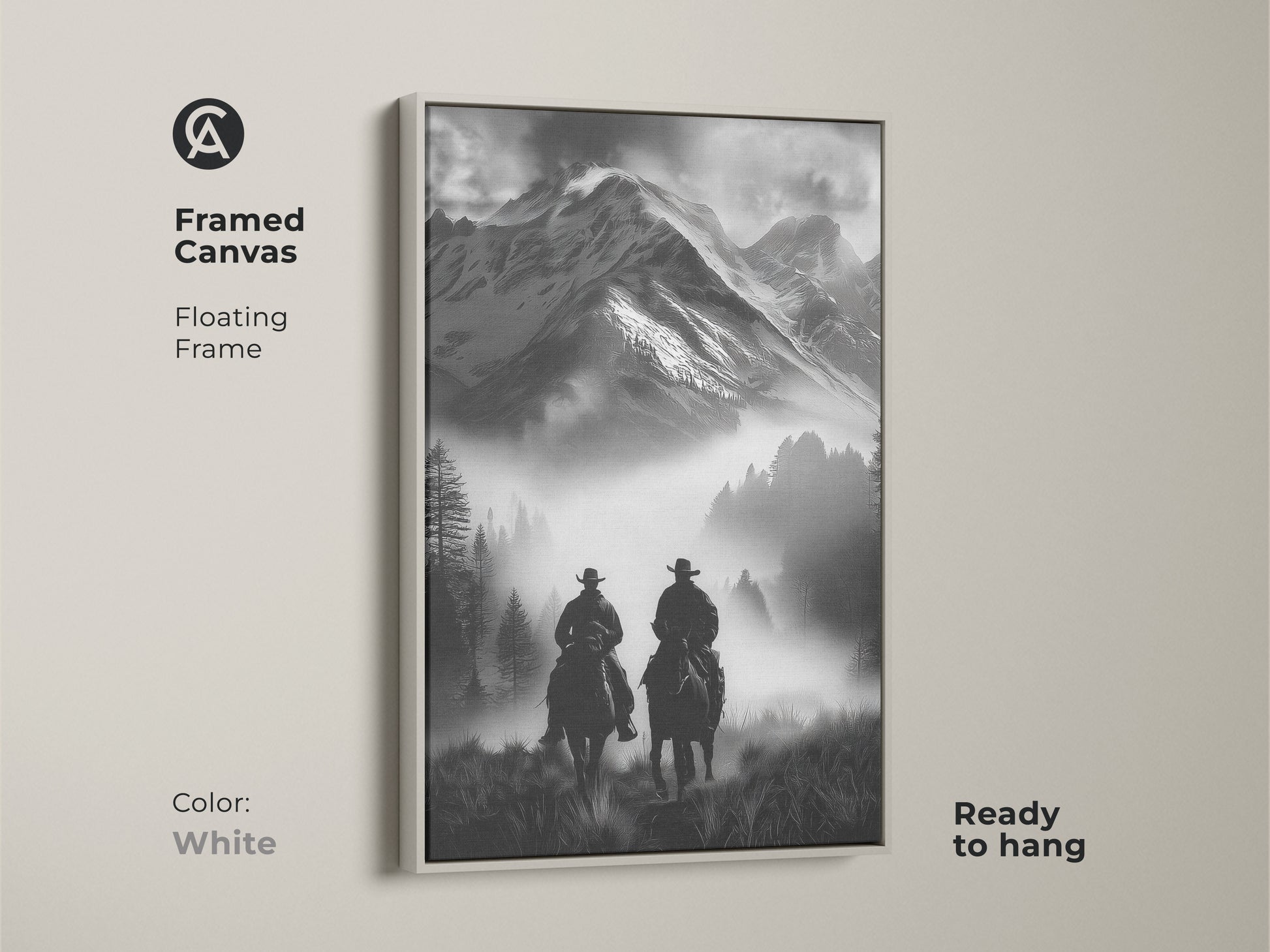 Framed canvas in white featuring a monochrome cowboy art. The floating frame showcases this horseback riding canvas ready to hang. The rustic mountain wall art is perfect for western enthusiasts.