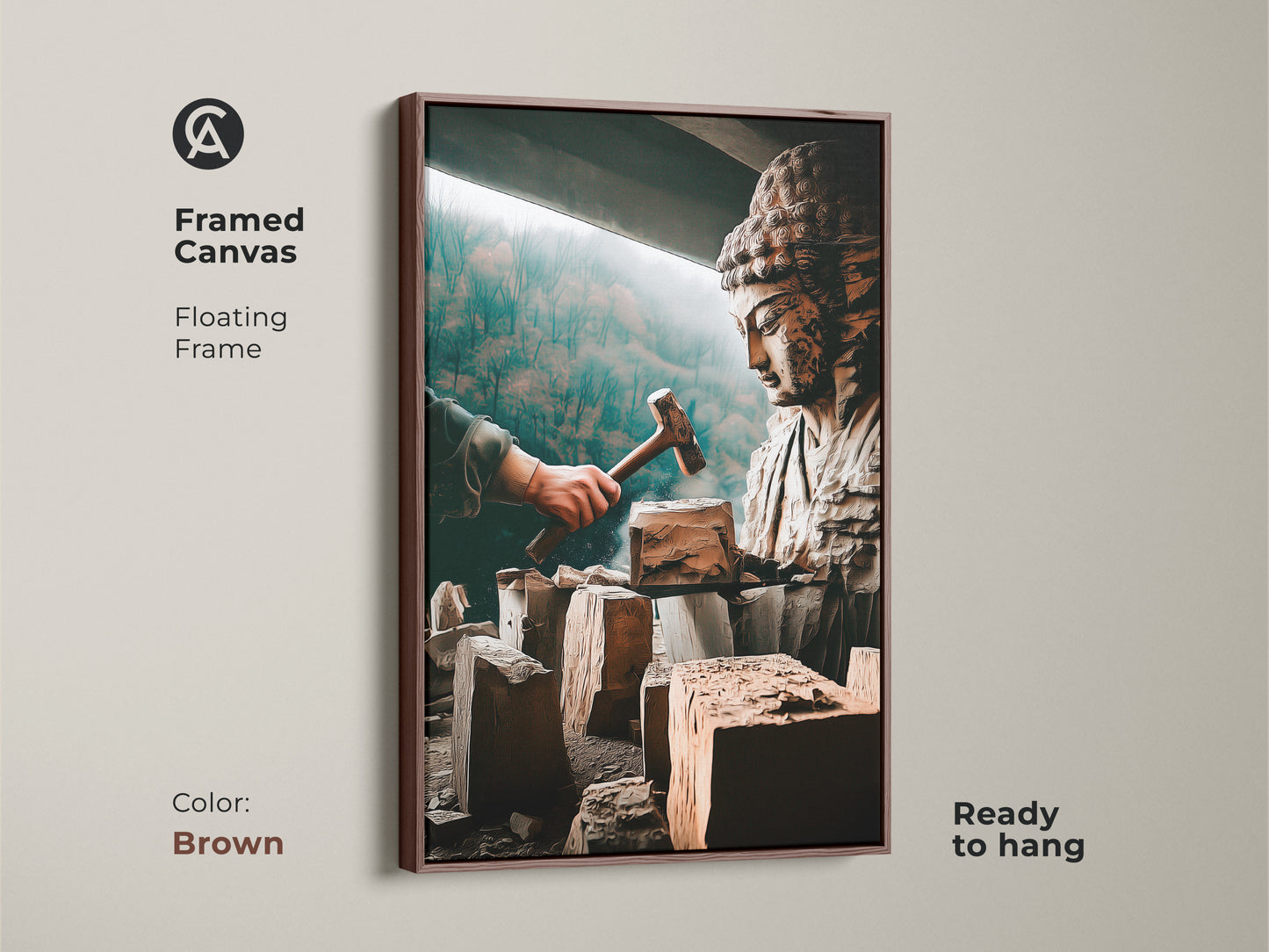 Spiritual Buddha sculpture art in a framed canvas. This artistic figurine canvas print has a floating brown frame. The bronze brown and teal spiritual art is ready to hang. Ideal for meditation room decor or study room wall art. This carved Buddha artwork is an artistic home accent