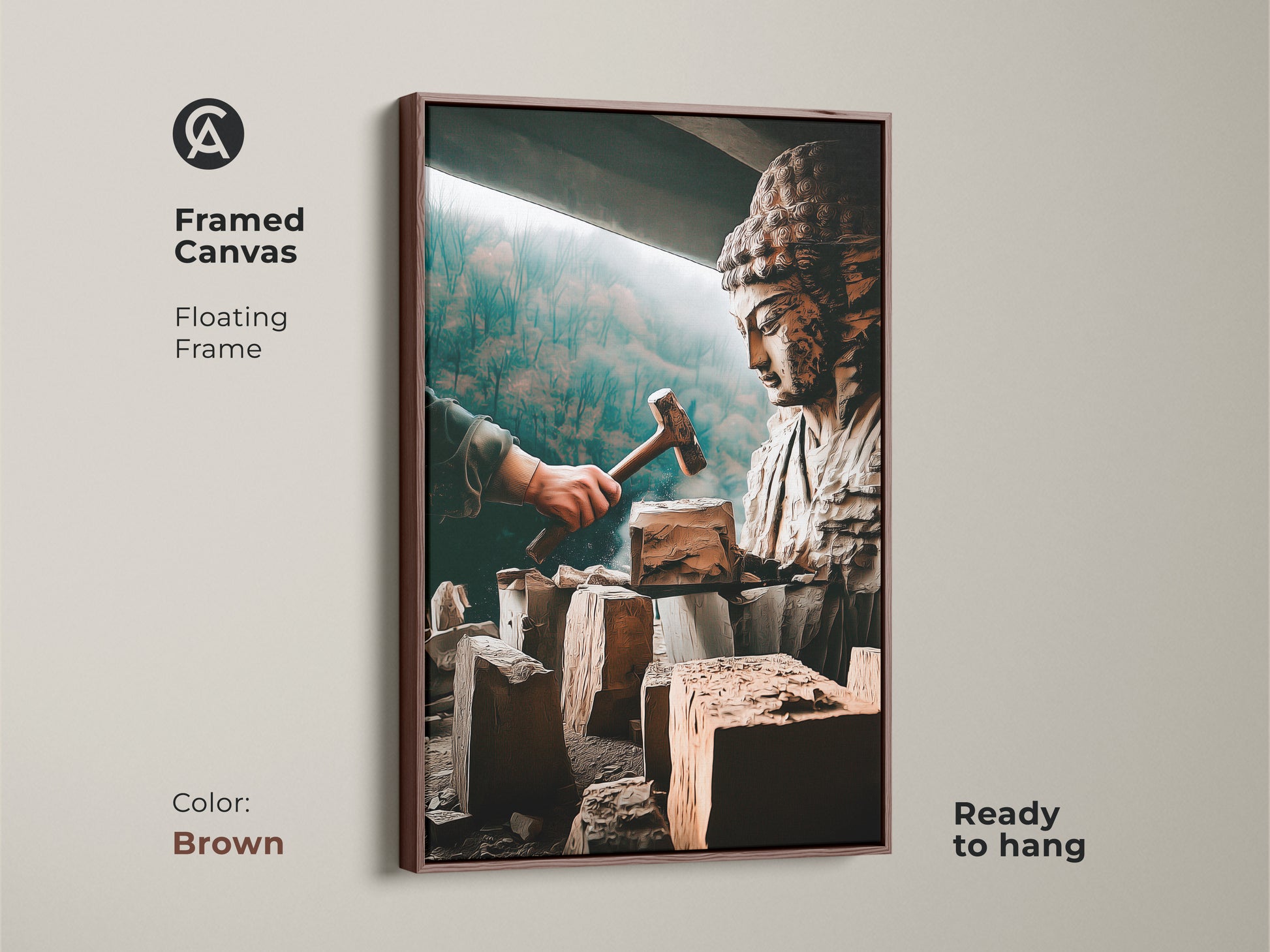 Spiritual Buddha sculpture art in a framed canvas. This artistic figurine canvas print has a floating brown frame. The bronze brown and teal spiritual art is ready to hang. Ideal for meditation room decor or study room wall art. This carved Buddha artwork is an artistic home accent