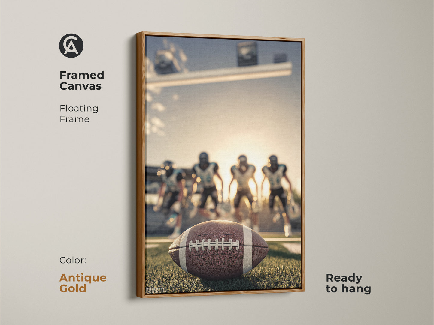 Framed canvas with an antique gold floating frame. It displays American Football artwork ready to hang. The artwork features a football on the field. Players are visible in the background. This wall decor is perfect for showing football team spirit.