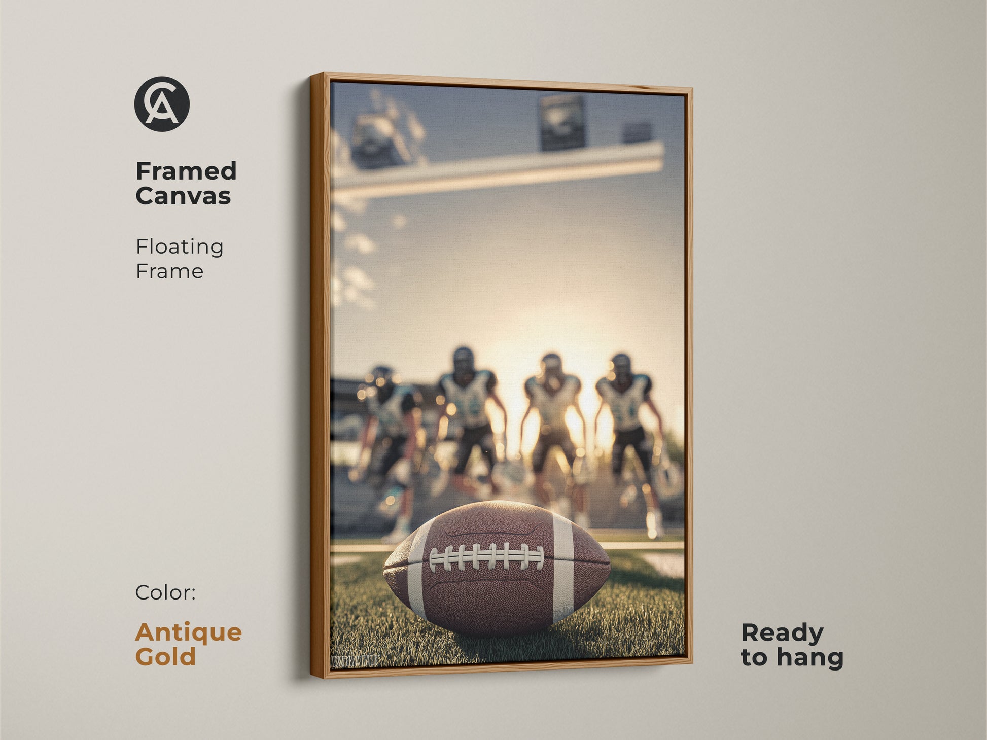 Framed canvas with an antique gold floating frame. It displays American Football artwork ready to hang. The artwork features a football on the field. Players are visible in the background. This wall decor is perfect for showing football team spirit.