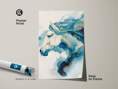 Poster print of an abstract horse. This equine art is rendered in deep blue and gold fluid style. Easy to frame this modern abstract animal print is rolled in a protective tube. Perfect for equestrian decor.