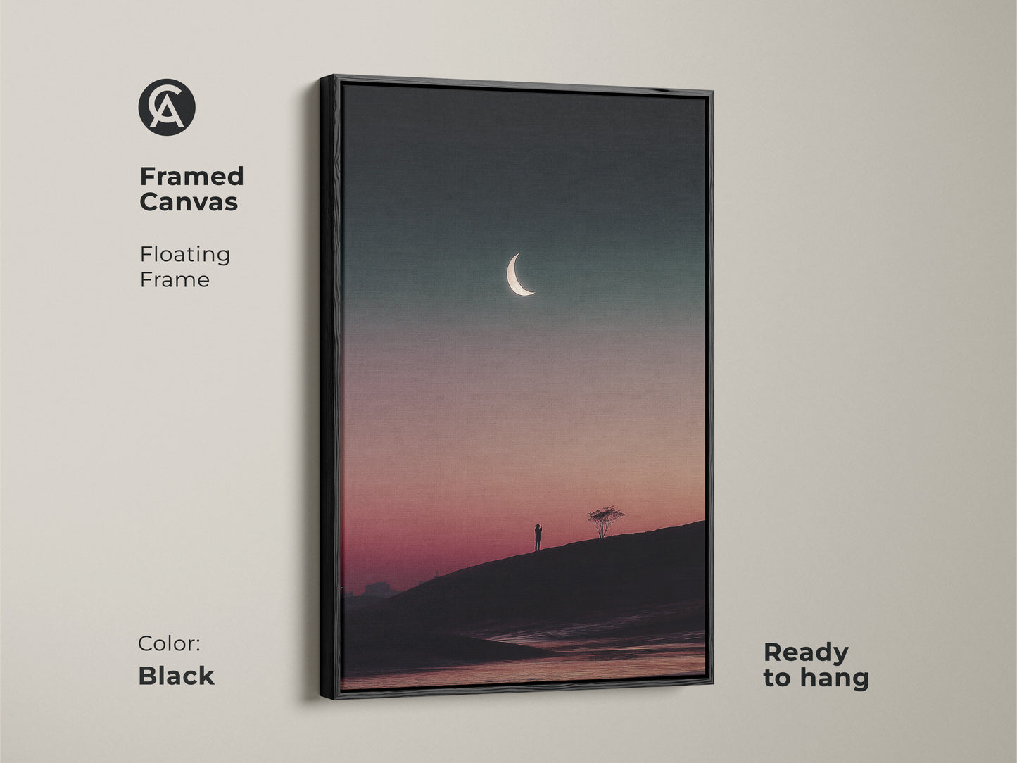 Black framed canvas print of a surreal moon. This dark teal celestial artwork features a pink gradient sky. A minimalist tree silhouette adds to its charm. Ready to hang this contemporary art enhances any space.