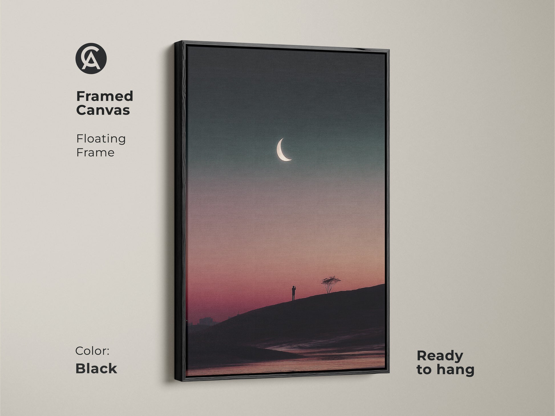 Black framed canvas print of a surreal moon. This dark teal celestial artwork features a pink gradient sky. A minimalist tree silhouette adds to its charm. Ready to hang this contemporary art enhances any space.