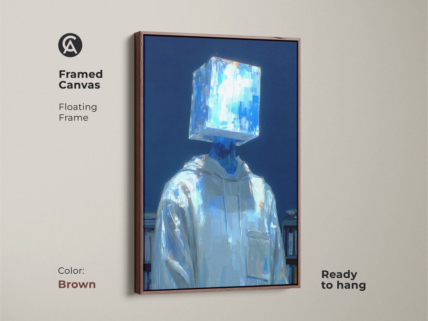 Brown framed canvas art print featuring a figure with a luminous blue cube head. This floating frame artwork enhances any room. The figure wears a white hoodie and stands near a bookshelf. The canvas is ready to hang and easy to display.
