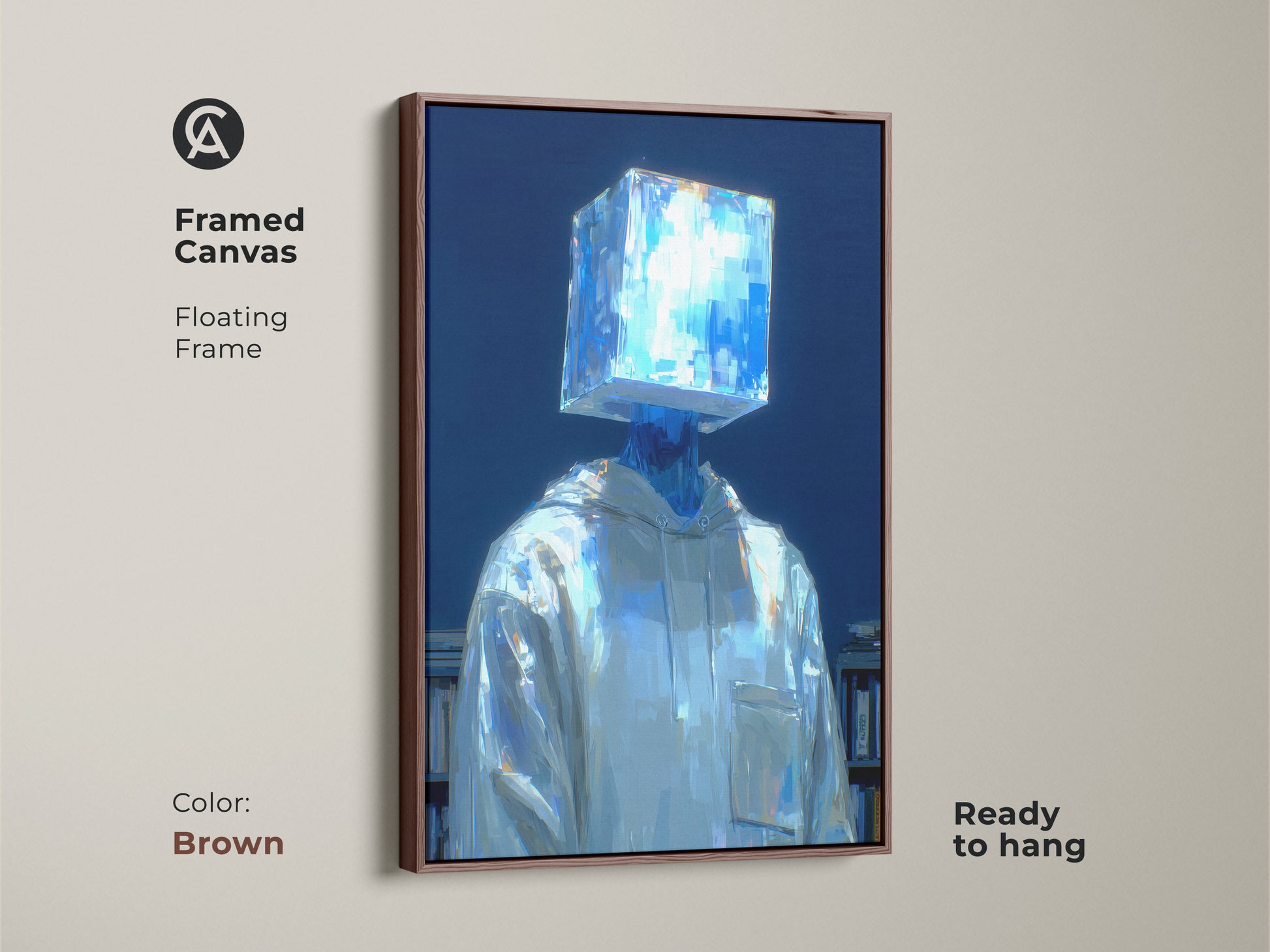 Brown framed canvas art print featuring a figure with a luminous blue cube head. This floating frame artwork enhances any room. The figure wears a white hoodie and stands near a bookshelf. The canvas is ready to hang and easy to display.