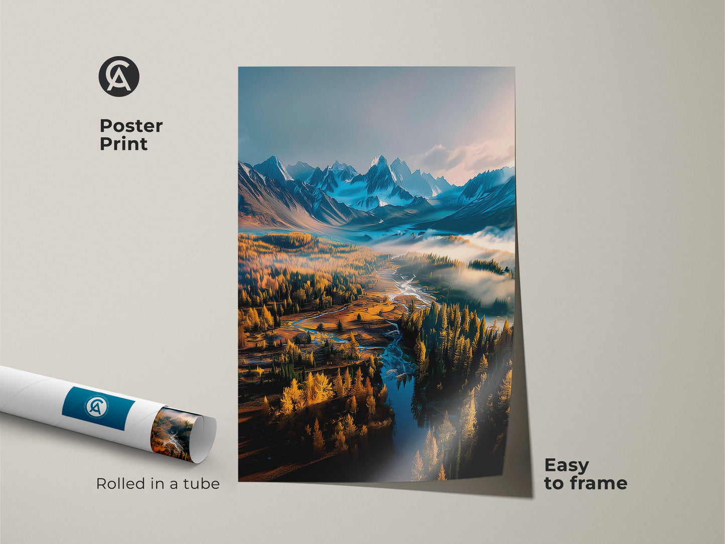 Poster print presenting a picturesque mountain river landscape. This artwork comes rolled in a tube for easy framing. Add a touch of nature to your walls with this beautiful poster. Find the perfect landscape poster print for your home decor