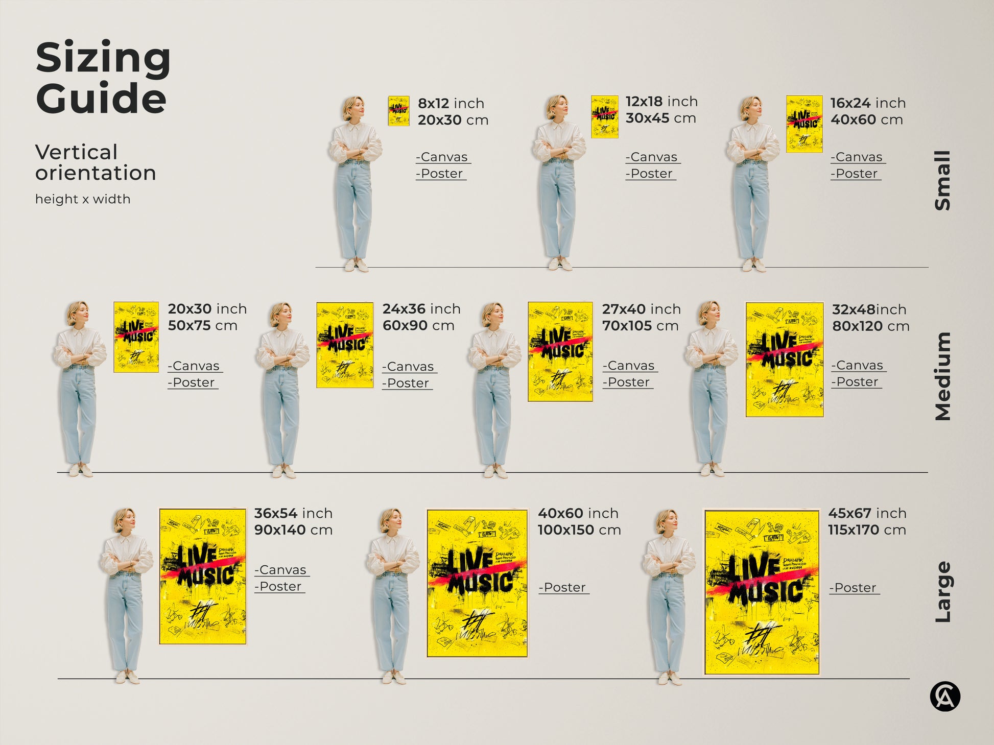Sizing guide presents the yellow graffiti art in various sizes. Vertical orientation options are available for canvas and poster prints. Find the ideal fit for your eclectic art needs. Sizes range from small to large.