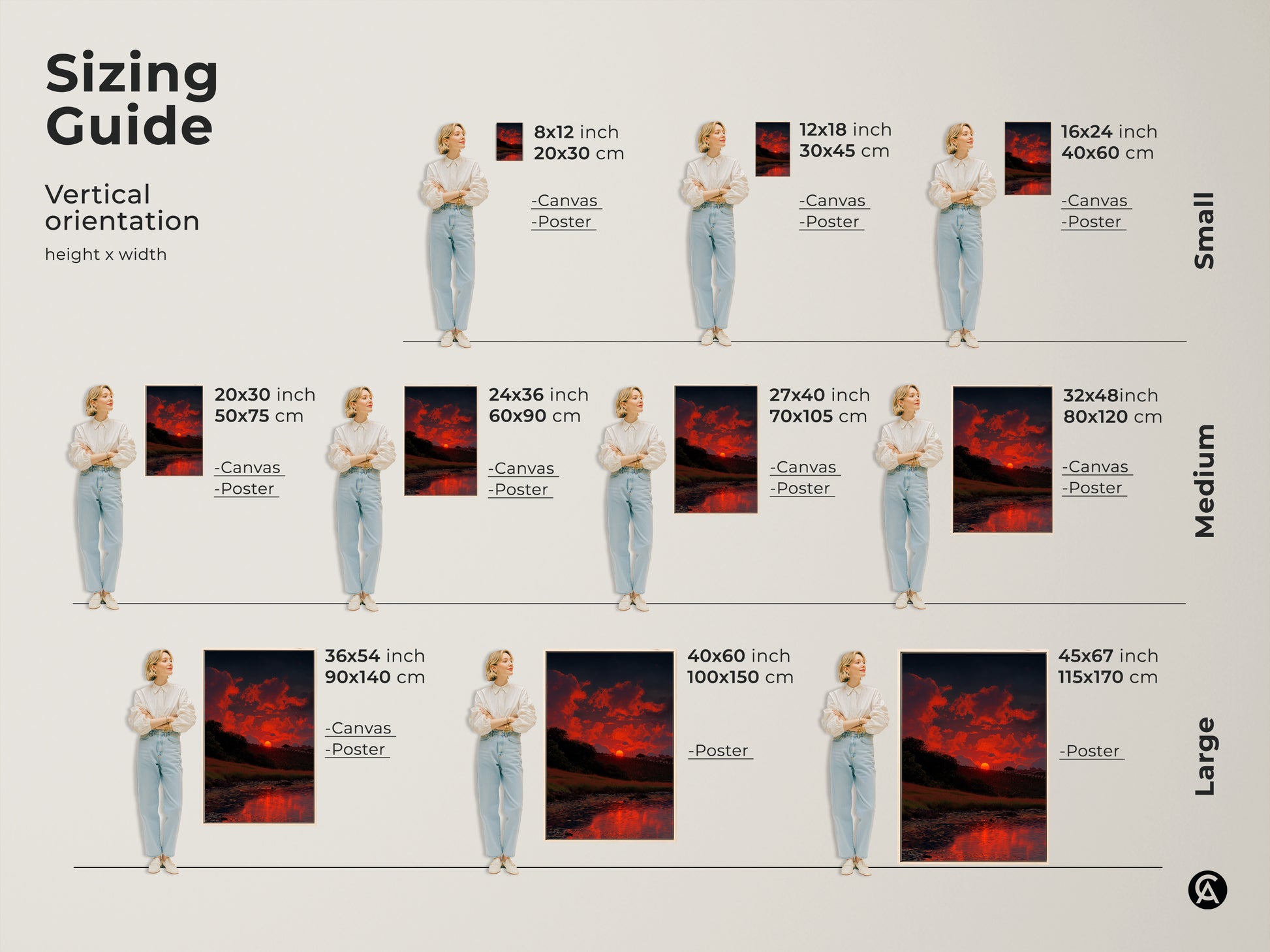 Sizing guide for a vertical river sunset artwork. Options include canvas and poster prints in small medium and large sizes. Find the perfect fit for your space with this colorful landscape art.