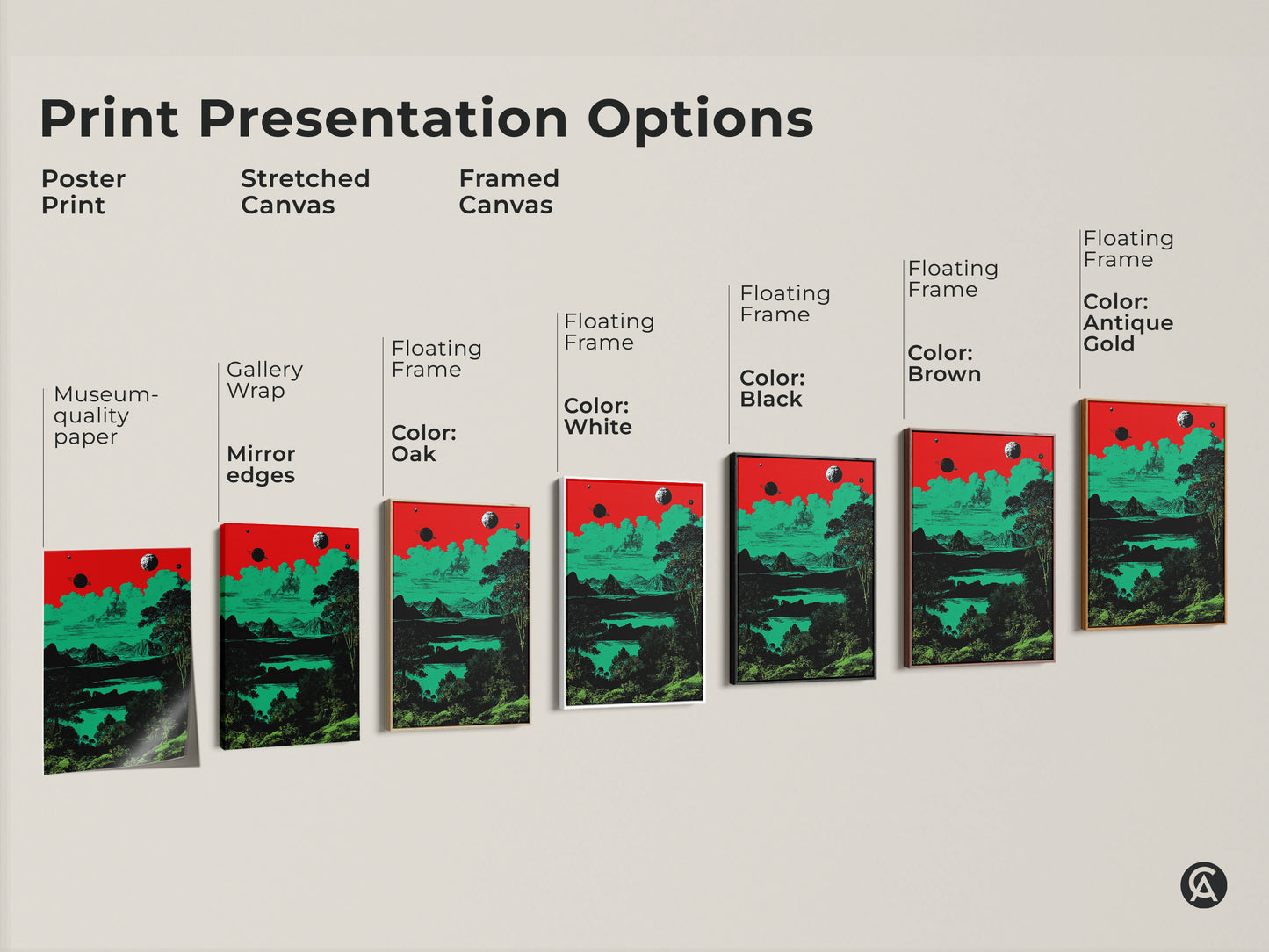 This image displays print presentation options. It features a surreal space landscape in various formats. Options include poster stretched and framed canvas with different frames. The retro planets and mountains art uses red green and black. Great for sci-fi fans.