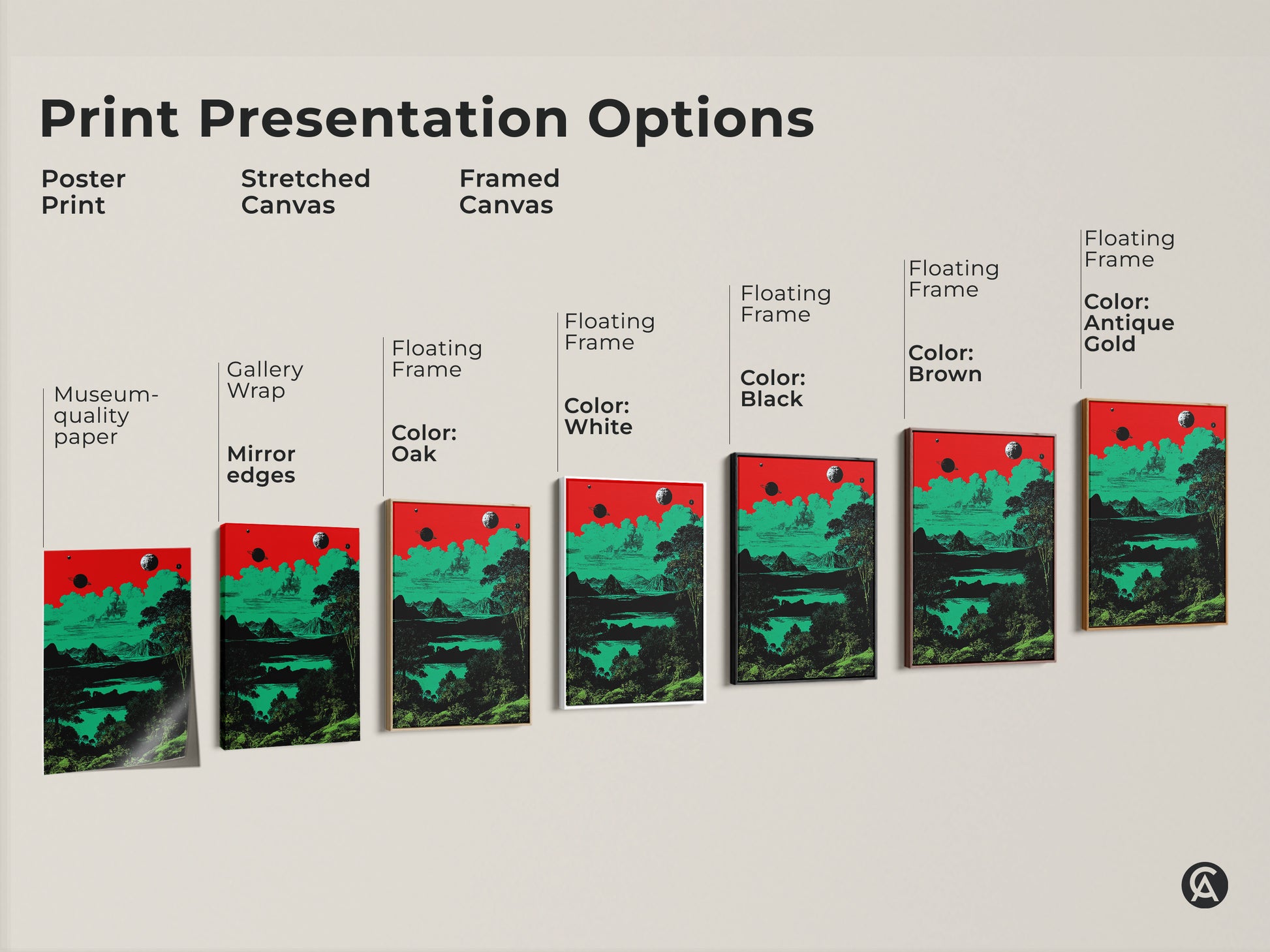 This image displays print presentation options. It features a surreal space landscape in various formats. Options include poster stretched and framed canvas with different frames. The retro planets and mountains art uses red green and black. Great for sci-fi fans.