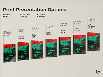This image displays print presentation options. It features a surreal space landscape in various formats. Options include poster stretched and framed canvas with different frames. The retro planets and mountains art uses red green and black. Great for sci-fi fans.
